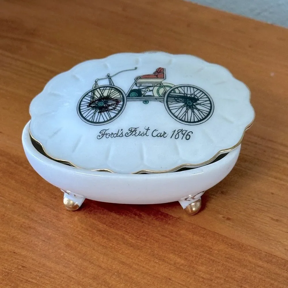 Ford's First Car 1896 Vintage Porcelain Trinket Box with lid Gold trim 70’s
